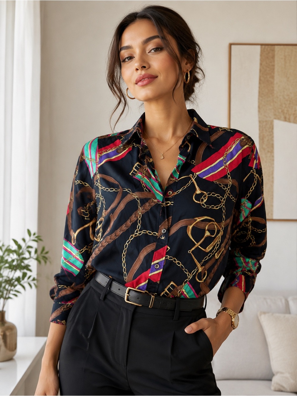 LAUREN Ralph Lauren Women's Blouse Equestrian Long Sleeve Multicolor Size 1X